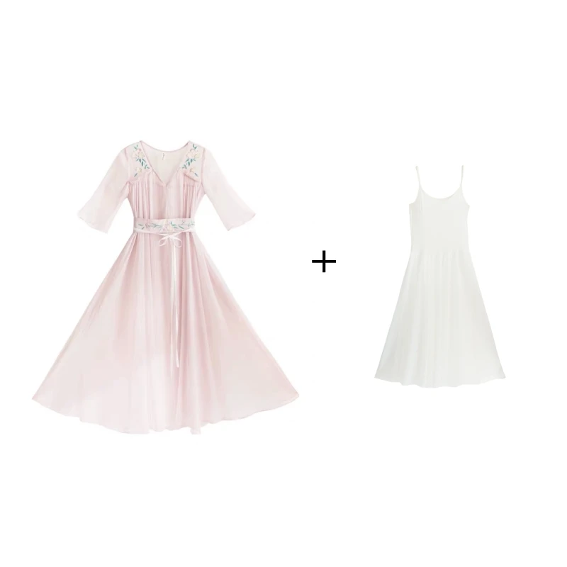with inner dress IRINAY527 коллекция весна-лето новое поступление винтажное шифоновое платье с вышивкой и поясом длинное - Цвет: with inner dress