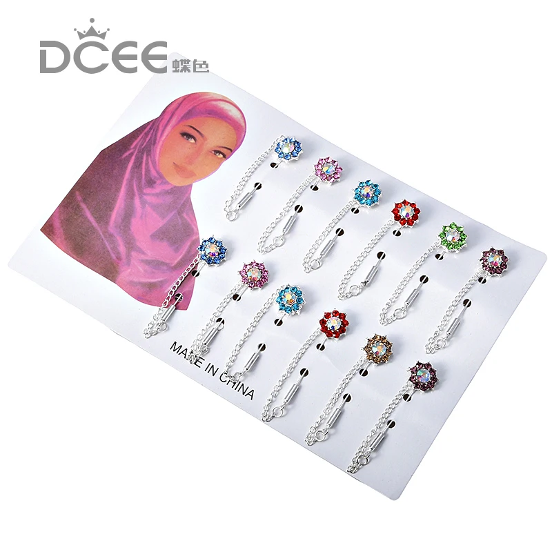 Булавки для хиджаба броши оптовая продажа 12 шт. цветок кристалл мусульманский