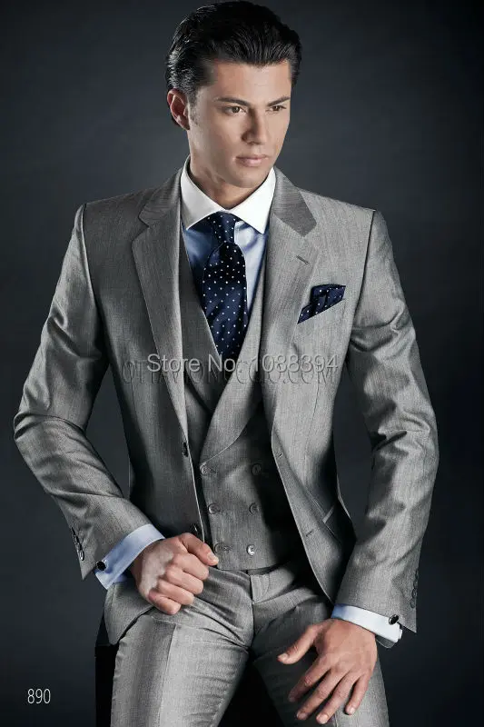 

2016 Formal Men Business Suits 2 Button Light Grey Groom Tuxedos Groomsmen Wedding Suits For Men 3 Piece (Jacket+Pants+Vest+Tie)