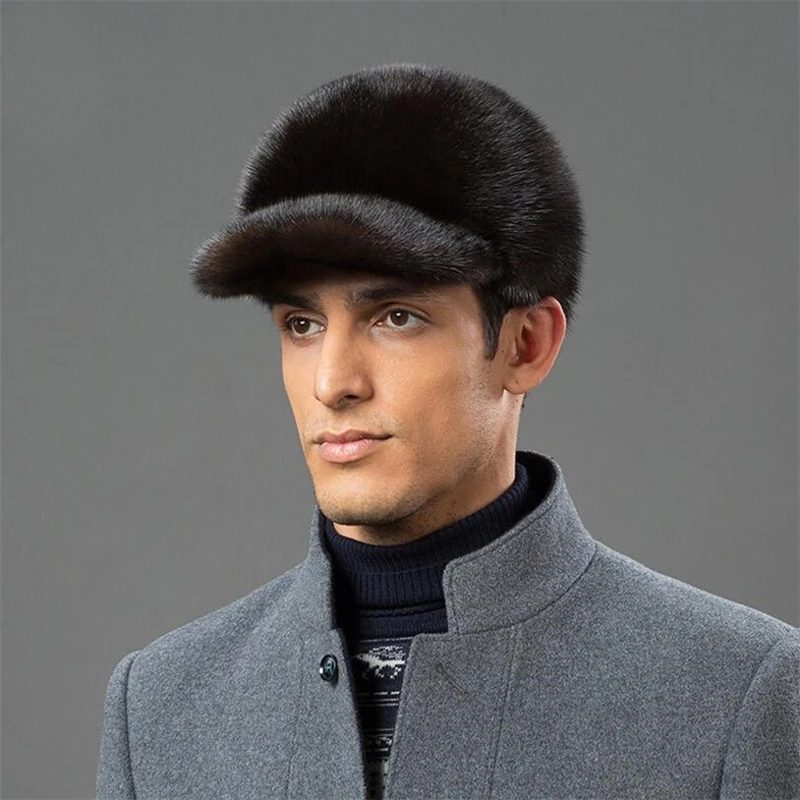 IANLAN Winter Top Grade Mink Fur Visors for Mens Full-pelt Mink Fur Peaked Cap Fashion Thermal Casquette IL00233