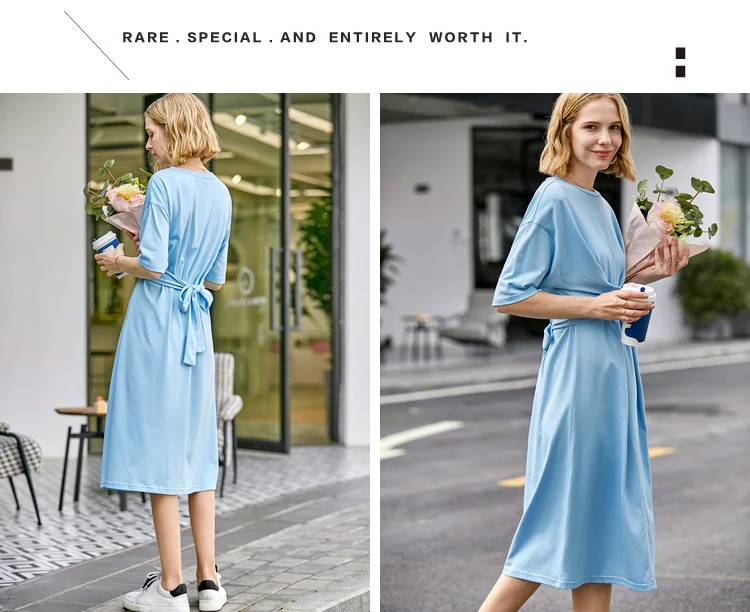 Amii Minimalist Women Dress Spring Summer Causal Solid Short Sleeve Belt Lace Up O Neck Cotton Elegant Female Dress