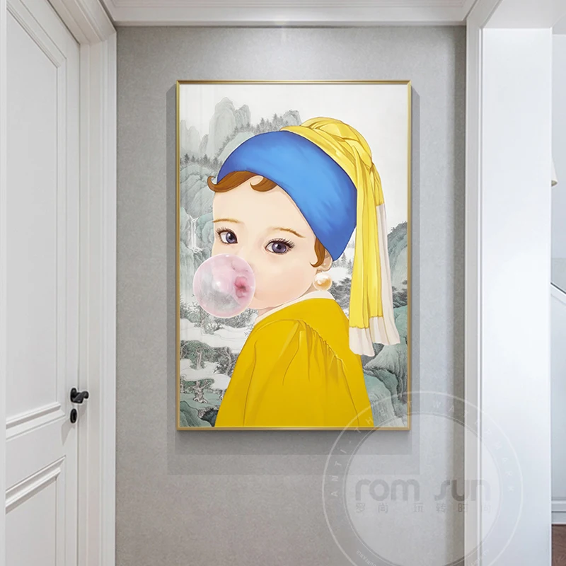 

Nordic Cute Girl Canvas Painting Modern Poster Print Character Wall Art Picture for Living Room Cartoon Mona Lisa Cuadro Decor