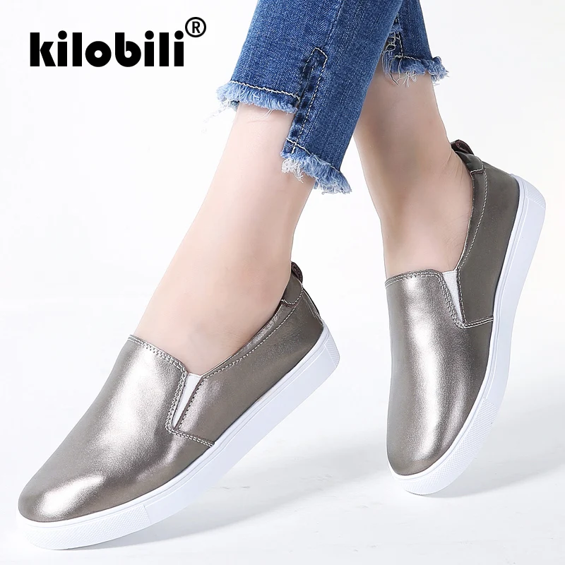 Kilobili/2018 г. Осенние женские слипоны на плоской подошве лоферы из натуральной кожи