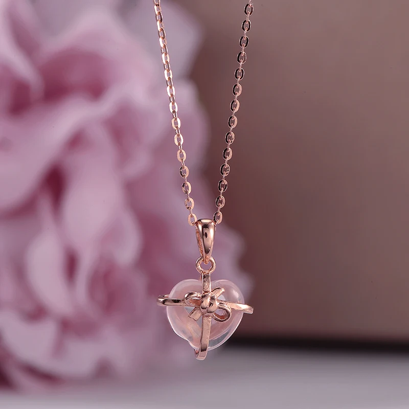 

Fine Jewelry 100% Silver 925 Pendent Necklace For Women Natural Gemstone Rose Quartz Love Heart Shape Clavicular Chain CCNI016