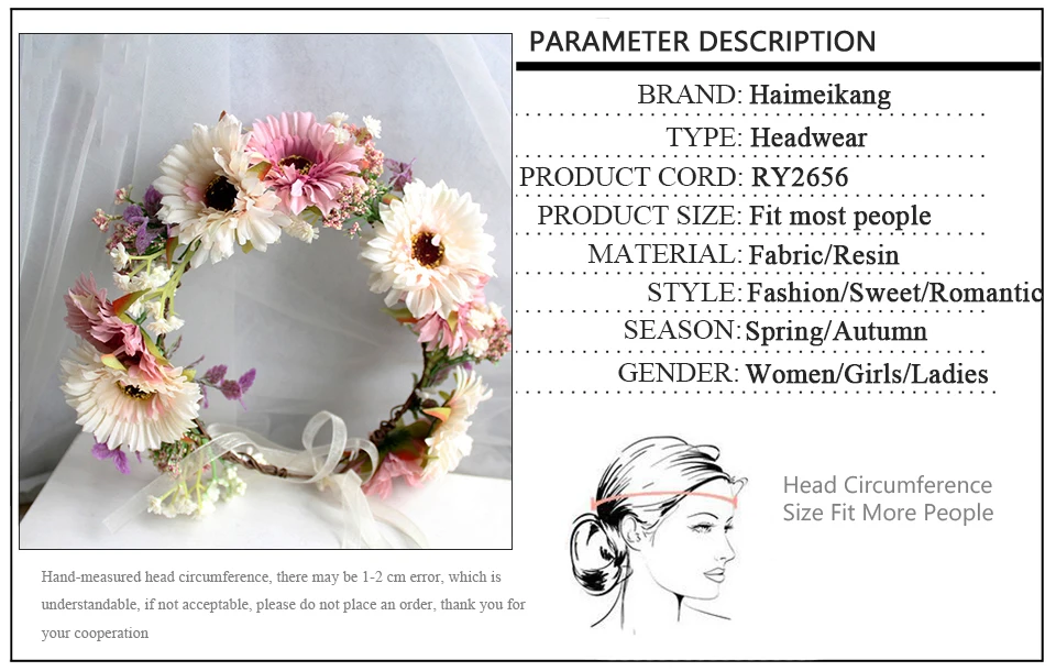 Haimeikang Flower Crown Wedding Bohemian Wreath Hairband Party Floral Girl Hair Accessories Flower Headband Garland Headpiece