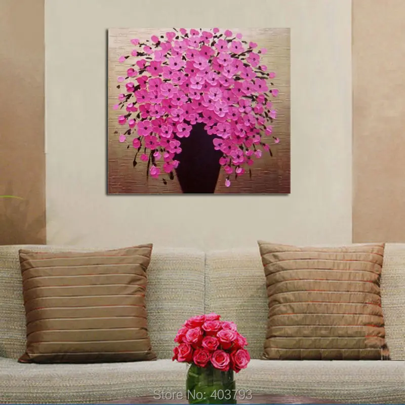 

knife painting pink vase flowers printed oil painting on canvas (No Frame)