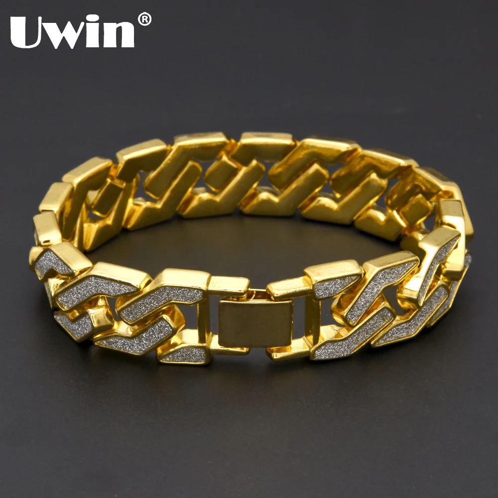 Uwin, очаровательный браслет с песком, кубинская цепочка, золотой и серебряный камень, хип-хоп, мужские блестящие браслеты 8,", модные ювелирные изделия,, подарки