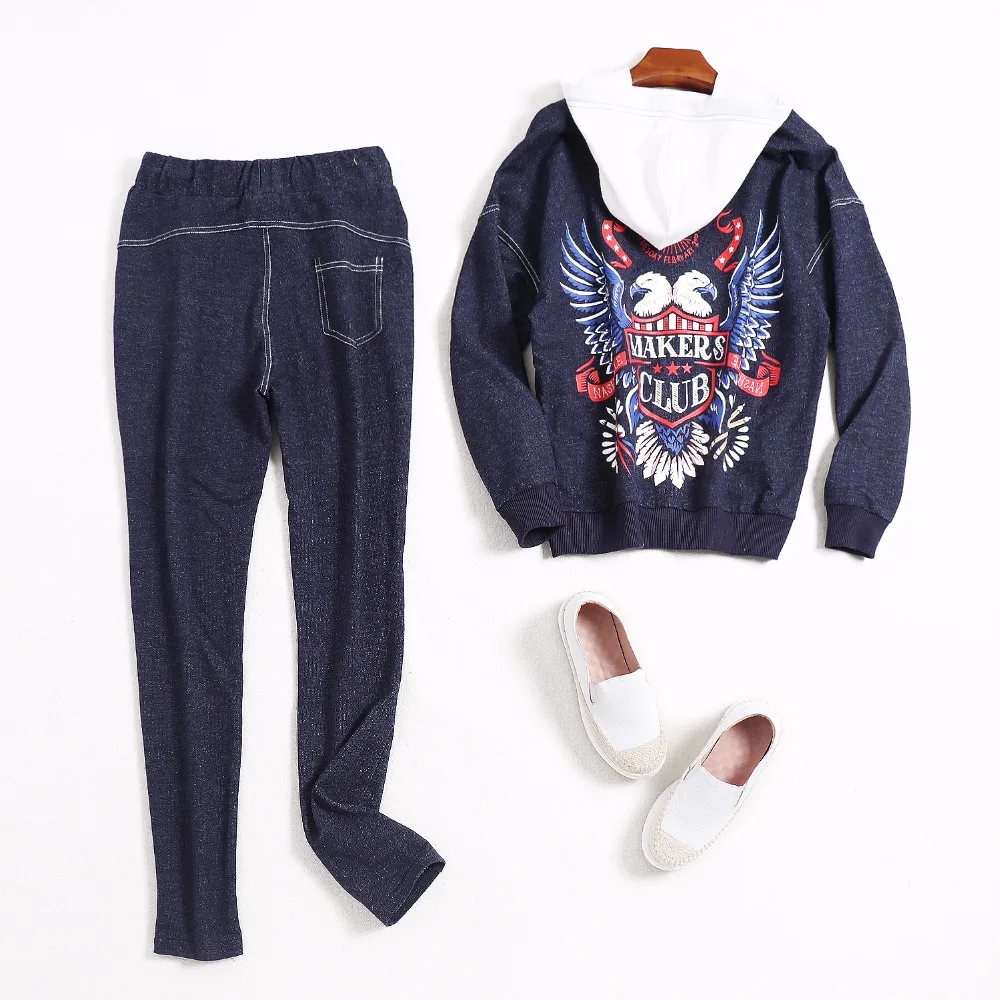 autumn winter woman outfit dark blue hooded jacket pants two-piece eagle pattern print back white hood fashion casual set | Женская