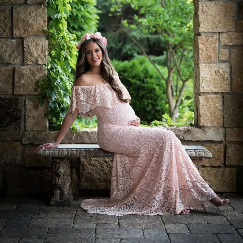 Maternity Photography Props Clothes For Pregnant Women Lace Shoulderless Tailed Dress Photo Shoot Pregnancy | Мать и ребенок