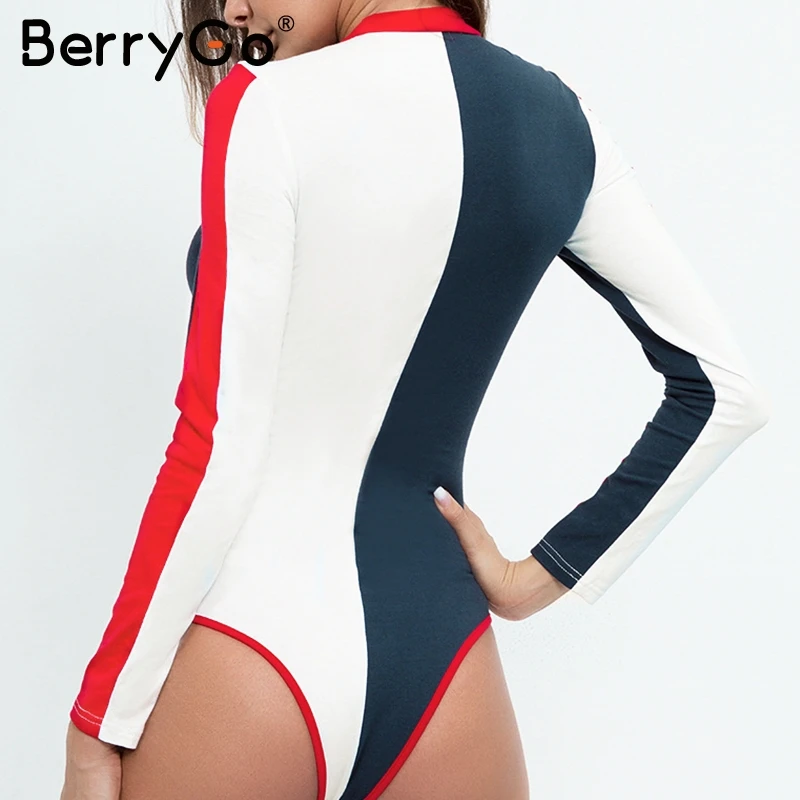 BerryGo Модная вязаная Лоскутная боди с длинными рукавами сексуальная белая синяя