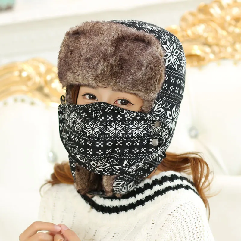 

Women Men Warm Winter Trapper Hat With Mask Snow Earflap Cap Unisex Russian Hats With Snowflower Printed Outdoor Bomber Hat