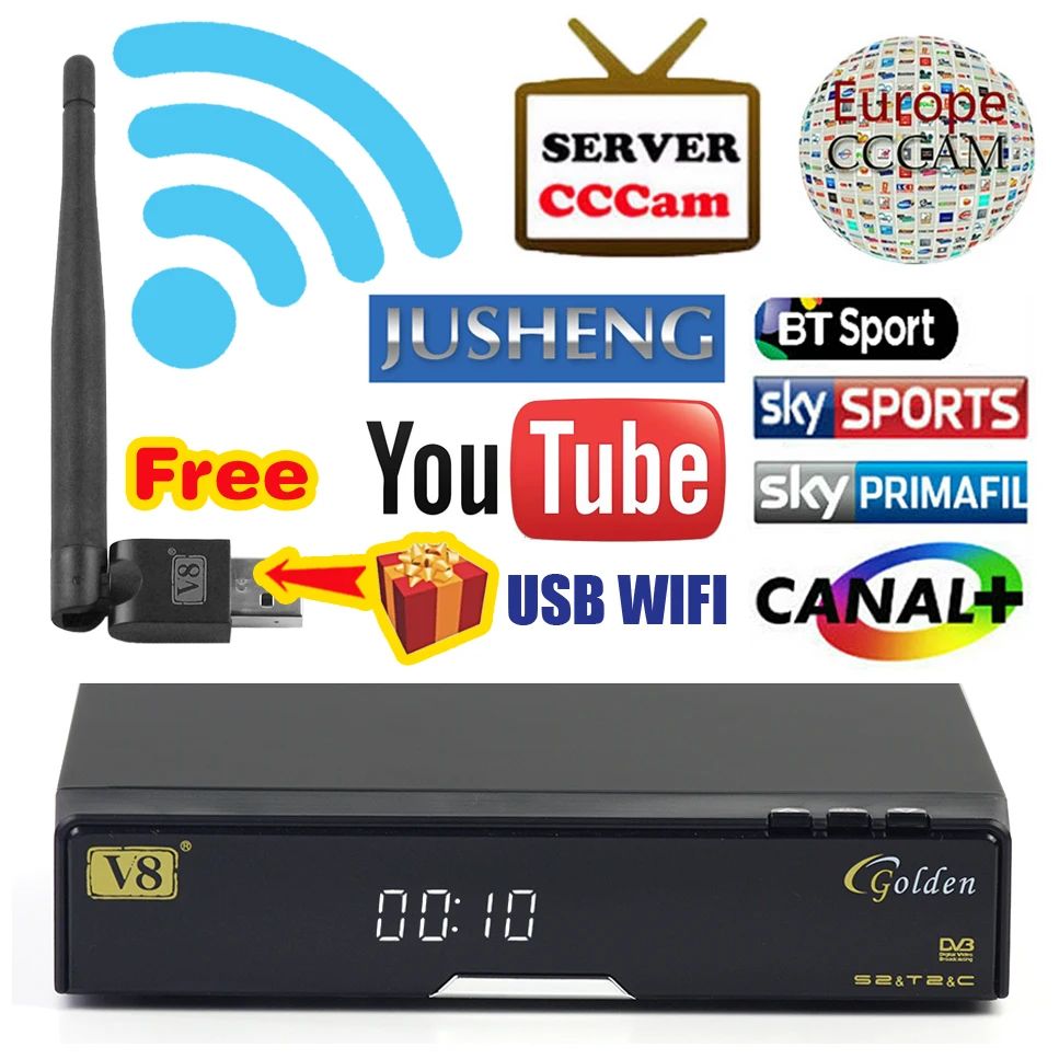 V8 Золотой спутниковый ресивер DVB-S2/DVB-T2 DVB-C Поддержка веб-ТВ IP ТВ Youtube Youporn хочеш powervu