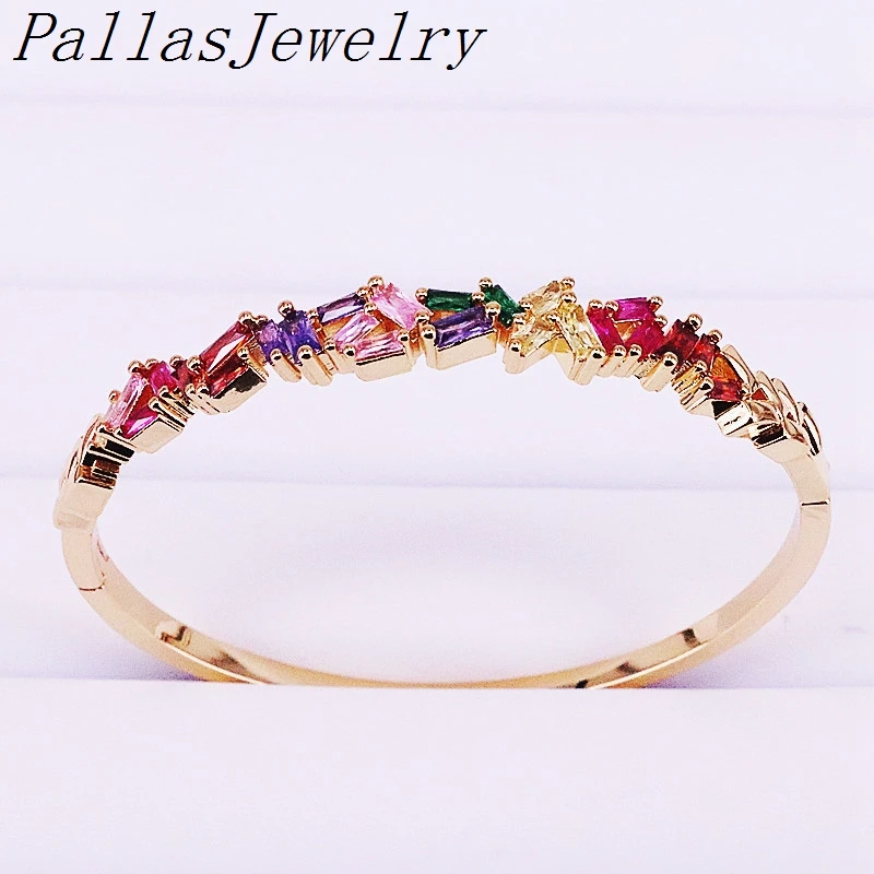 

4Pcs Colorful Zirconia CZ Micro Pave Charm Cuff Bangles Copper Gold Filled Lady Girl Rainbow Elegant Jewelry Gifts