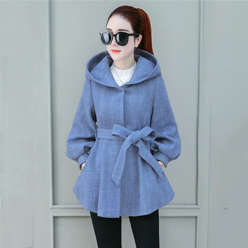 Осенне зимнее шерстяное пальто однотонная женская куртка с капюшоном новинка 2018