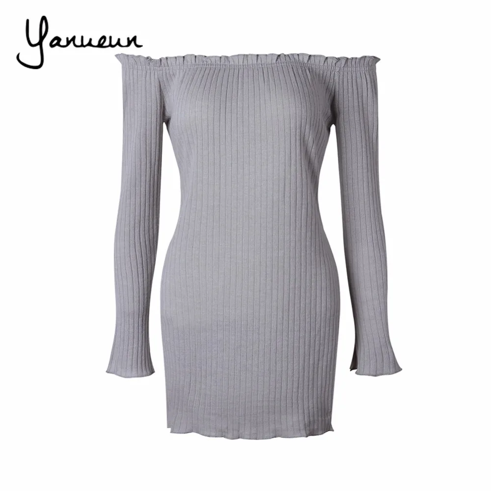 Yanueun Сексуальная с плеча клуб Женское платье Тонкий Bodycon осень зима трикотажные