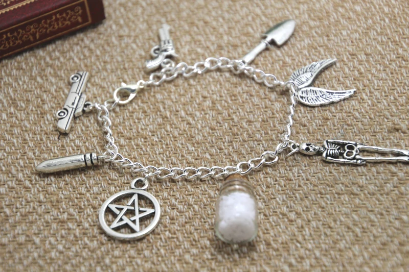

12pcs Supernatural inspired charm bracelets salt bottle themed charm bracelet silver adjustable