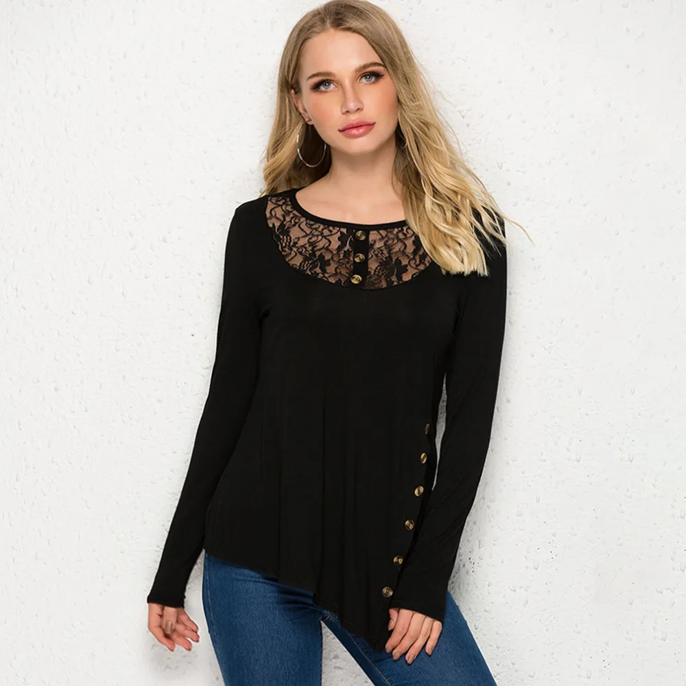 

Fashion Women T shirt Long Sleeve Tee Shirt Ladies Casual 0-Neck Top Tee Harajuku Patchwork Vintage Clothing Lace Female T-Shirt