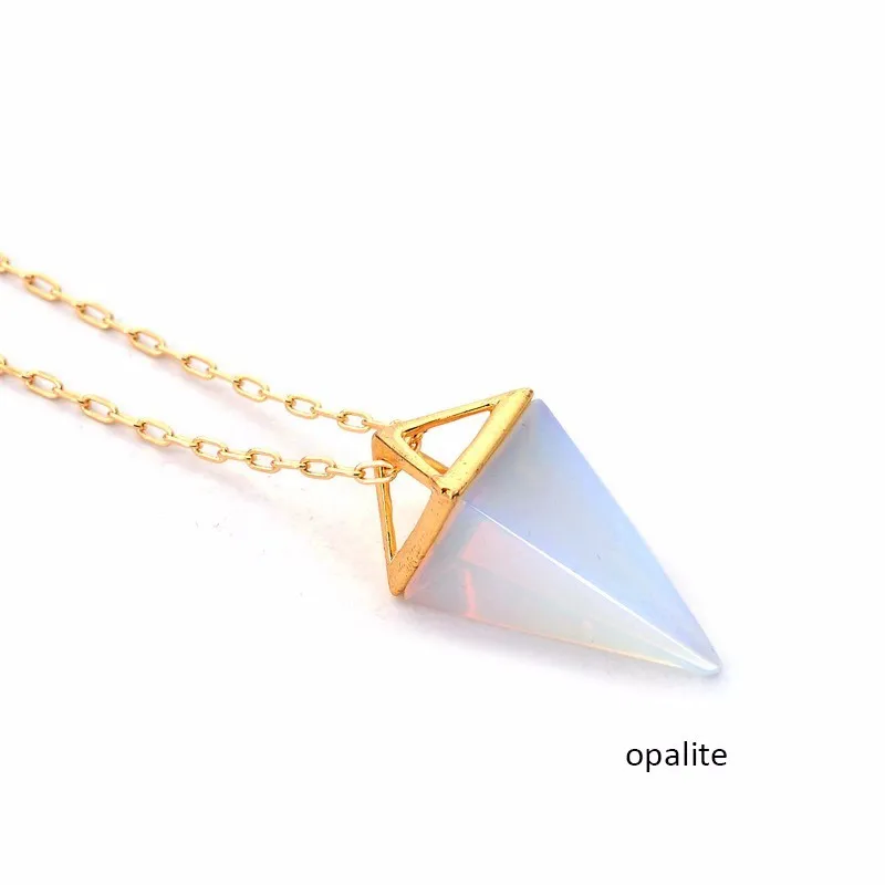 Wholesale 5pcslot Opalite Pyramid Necklace Fashion White Blue Crystal Quartz Gold Layer Necklaces Jewelry Gift