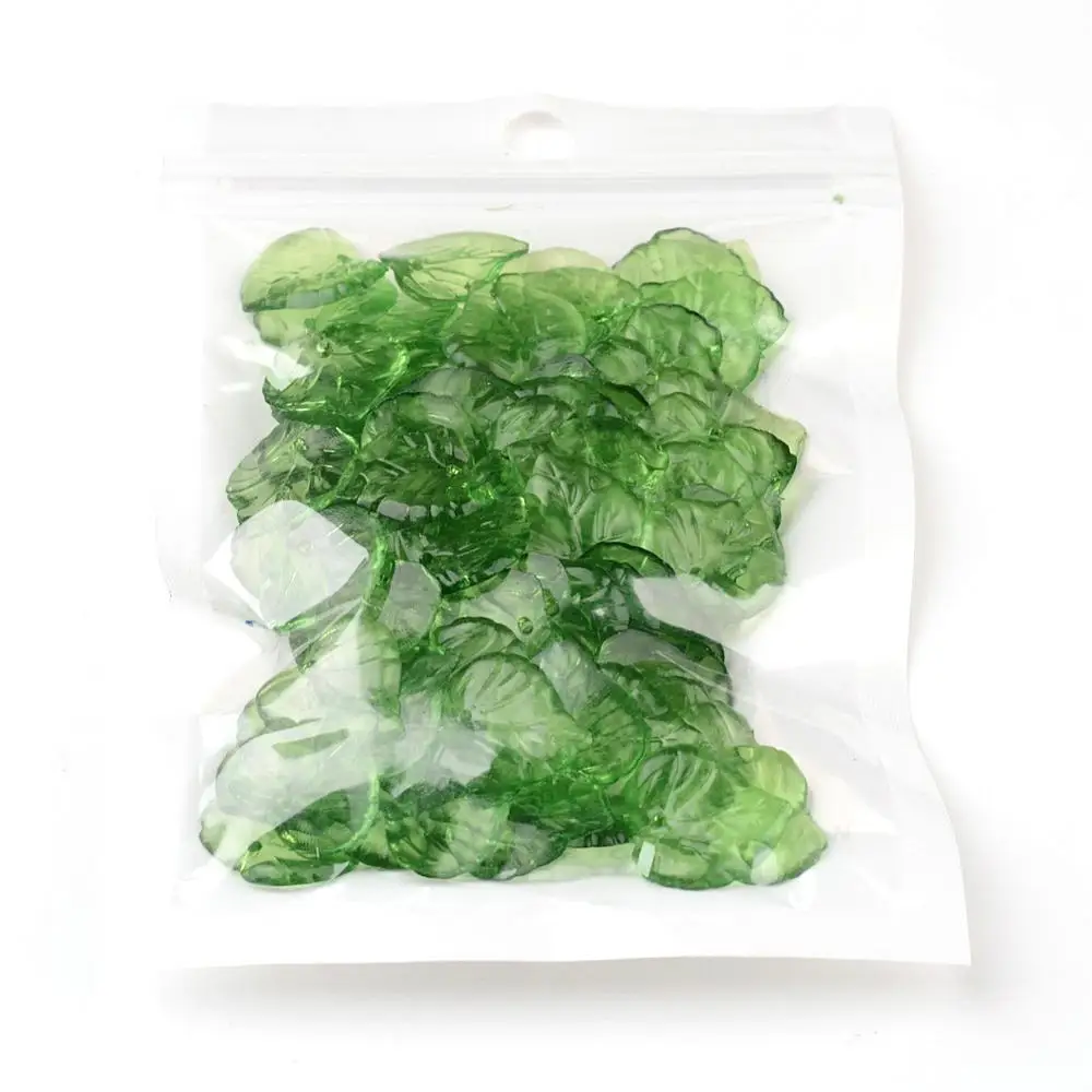 

100pcs Green Transparent Acrylic Leaf pendants For Snap Necklace Jewelry DIY, about 15mm long, 15mm wide, 2mm thick, hole: 1.5mm