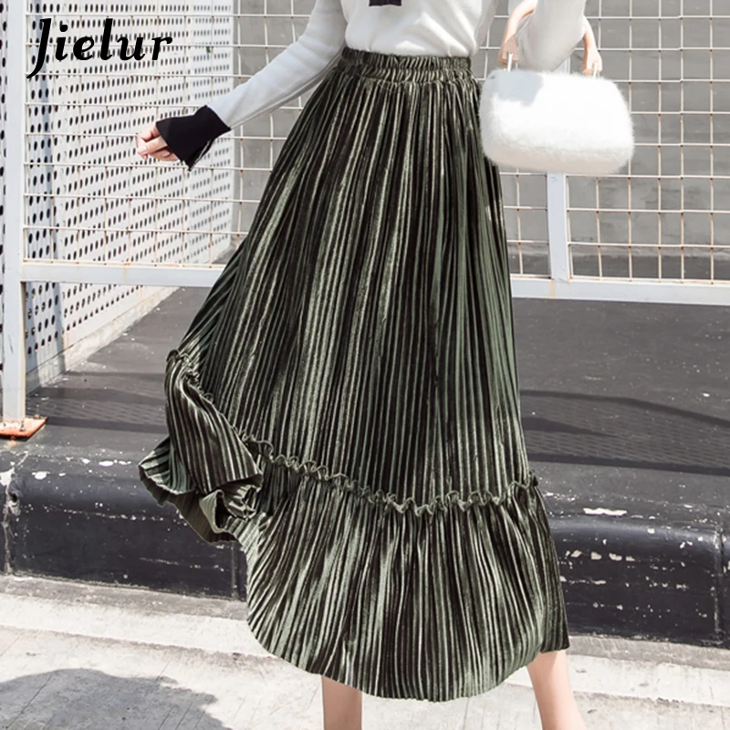 Jielur 2021 Chic Patchwork Velvet Midi Skirt Women Autumn Fashion High Waist Pleated Skirts 7 Colors Elegant Vintage Saia Female | Женская