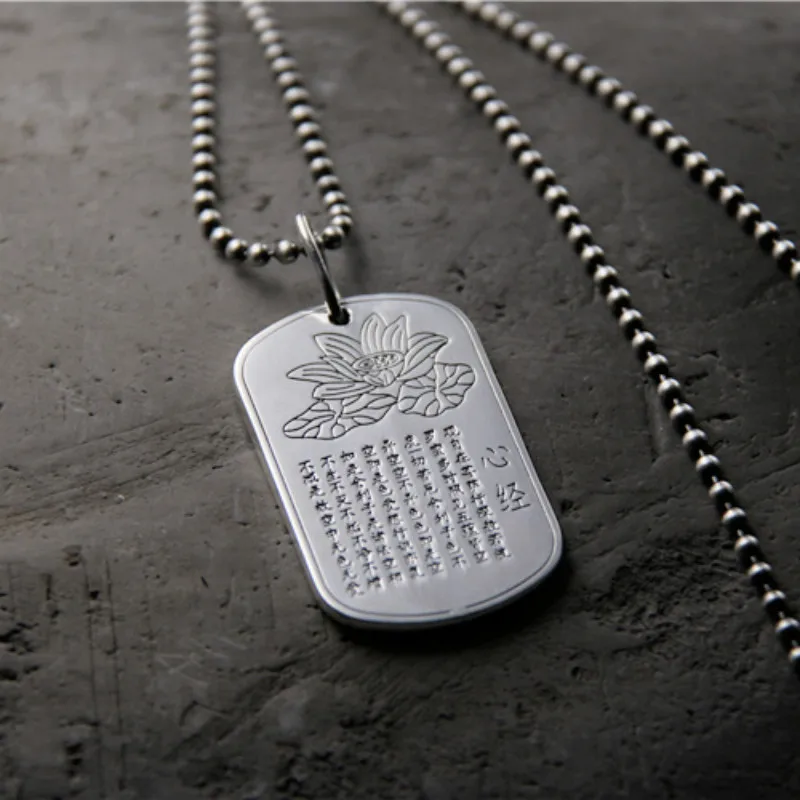 999 Sterling Silver Heart Sutra Script Men And Women Necklace Student Tag Pendant With Lotus Carved Drop Shipping 18.80G |