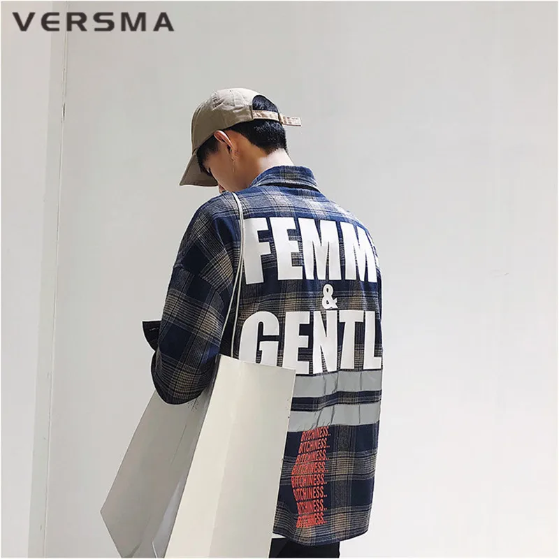VERSMA в Корейском стиле Harajuku с принтом букв Светоотражающие клетчатая рубашка для