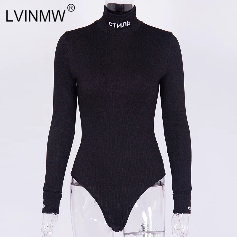 

LVINMW Black Knitted Cotton Letter Print Bodysuits 2019 Spring Women Long Sleeve Turtleneck Bodycon Tops Female Casual Playsuits
