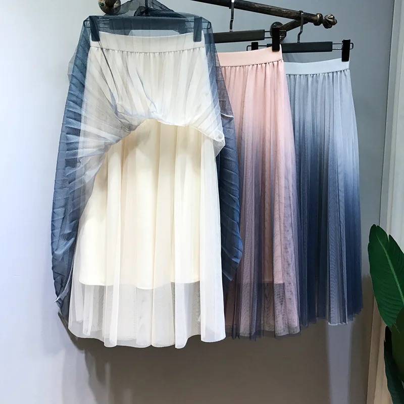 Весенне летняя юбка с градиентной сеткой Женская богемная плиссированная до