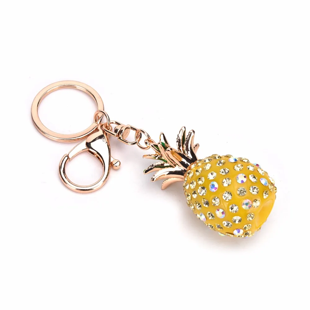 

New Arrival Keychains 3D Resin Pineapple Green Yellow Rhinestone Pendant Keyring Charm Trinket For Women Bag Key Ring Chain