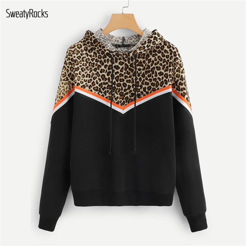 SweatyRocks Спортивная леопардовая контрастная полосатая Толстовка с длинным рукавом, Повседневный пуловер с капюшоном, свитшоты, осенние женские топы
