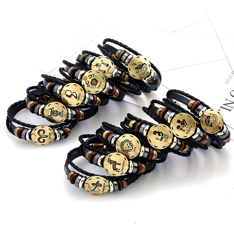 12 Constellations Leather Bracelet for Men Zodiac Signs Punk Multilayer Beads Charms Bracelets Male Jewelry | Украшения и