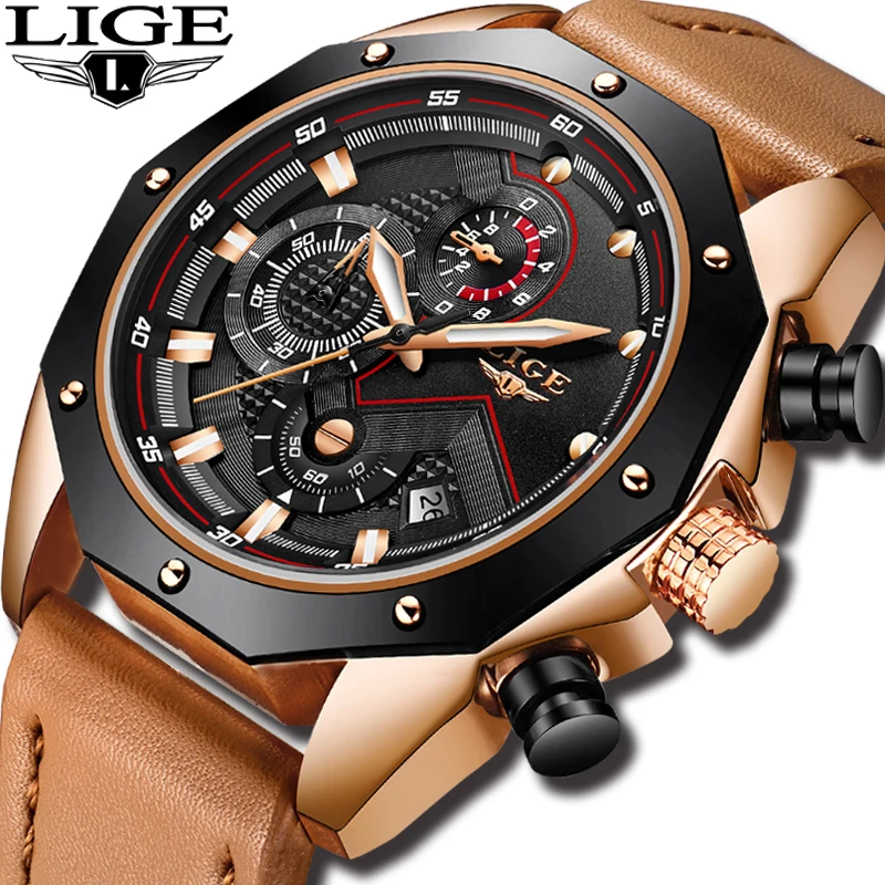 2018 часы LIGE Для мужчин часовой бренд Бизнес кожа моды кварцевые военный