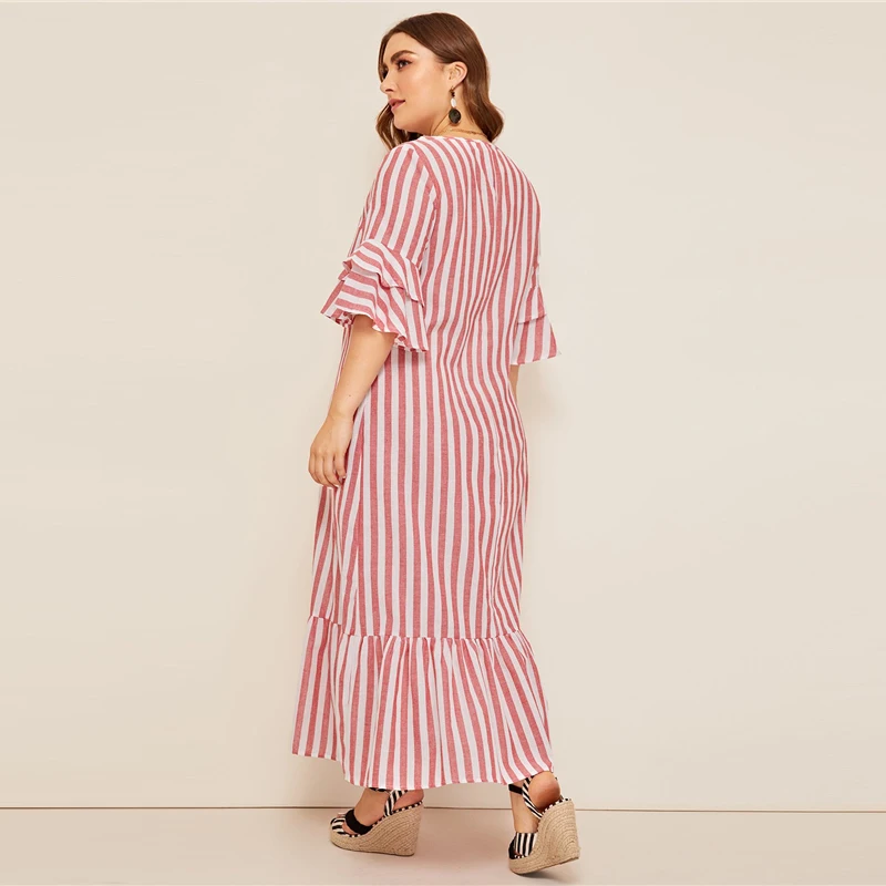 SHEIN, платье макси в полоску с рукавами-колокольчиками размера плюс, коллекция, женское Повседневное платье-туника с оборками на весну и лето