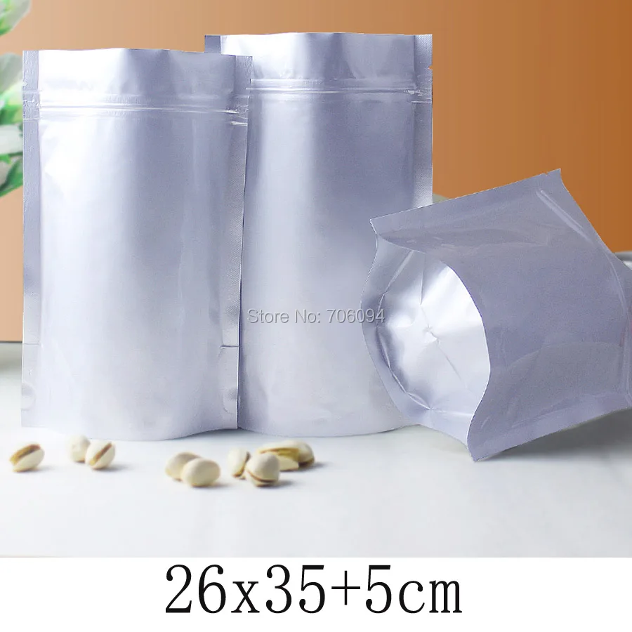 

50PCS 26x35+5cm(10.2''x13.8'') Metalic Silver Alumimun foil Bag for gift tea coffee standup pure aluminum foil bag with ziplock
