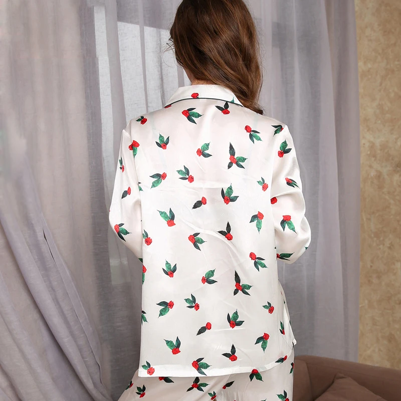 16 momme Black 100% natural silk pajamas sets women Korea fashion rose Digital painting long sleeve genuine silk pyjamas women