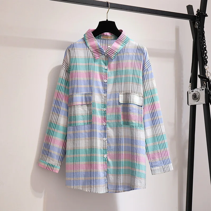 2XL-6XL Осень Большой размер Повседневная Длинная рубашка с длинным рукавом клетчатая Женская свободная рубашка Длинные Блузки Женская 5XL плюс размер рубашки