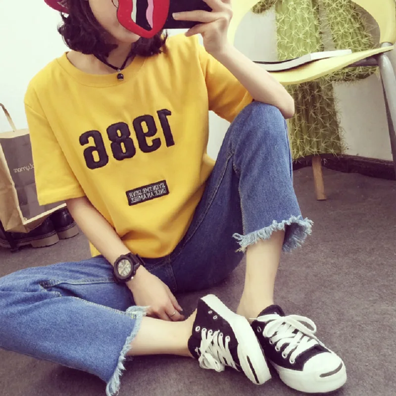 

black T-shirt Women 1986 printed girls black Top Tees Cotton Tshirt Printed summer tops