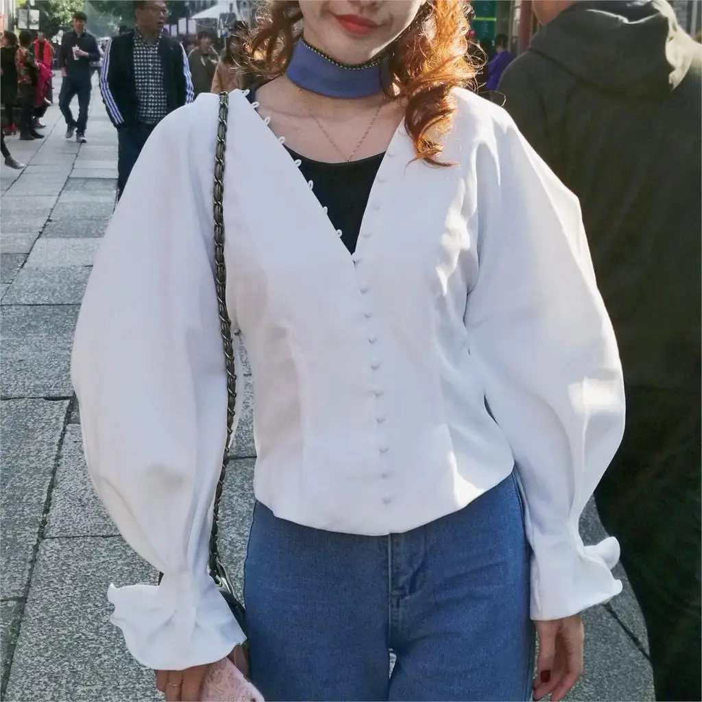 Женская винтажная Блузка boho белая рубашка на пуговицах с рукавами