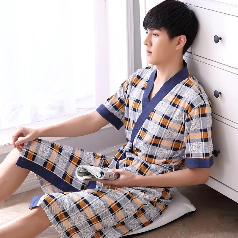 Summer Robes Men Cotton Short-sleeve Men's japanese Style Bathrobe 100% Cotton Sleepwear Thin Plus Size 4XL