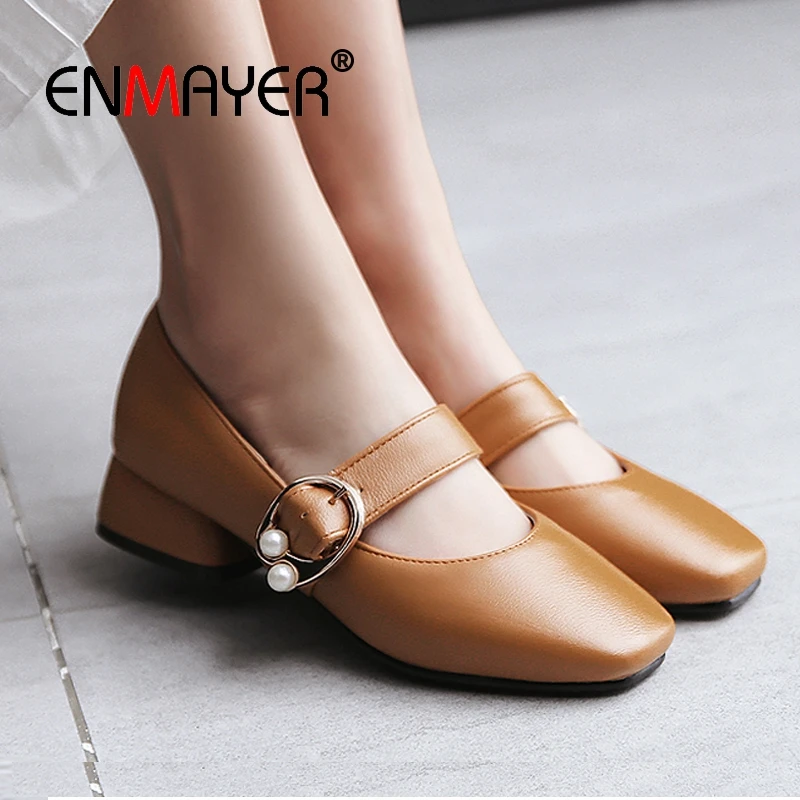

ENMAYER 2019 Women Mary Janes Med High Women Shoes Square Heel Square Toe Casual Slip-On Solid Pumps Size 34-43 LY1717
