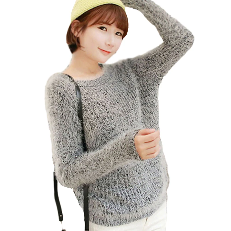 Женский мохеровый пуловер с круглым вырезом длинным рукавом | Женская одежда