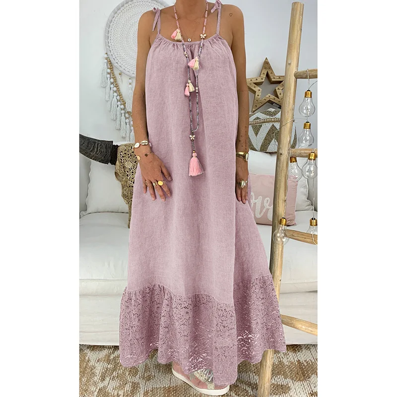 Открытая спина кружево лоскутное Подол Макси платье женское straphetti ремень летнее