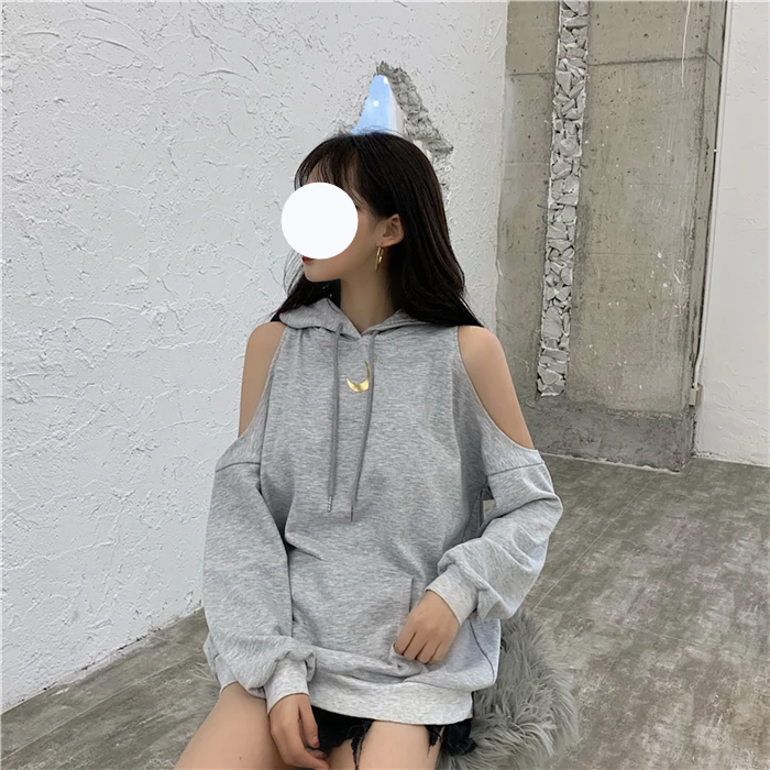 Корейский Harajuku с длинным рукавом толстовки для женщин японский Kpop черная одежда готический с открытыми плечами Сексуальная Повседневная Луна графическая Толстовка