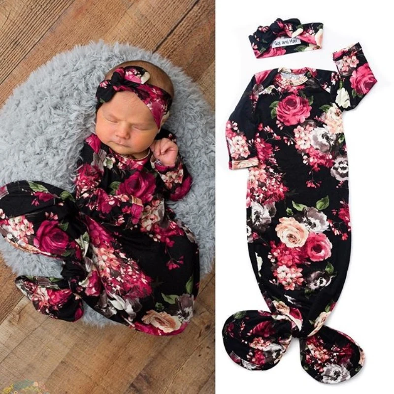 Cute Newborn Baby Girl Floral Sleeping Bag Sleep Sack Wrap Swaddle+Headband Set | Footies