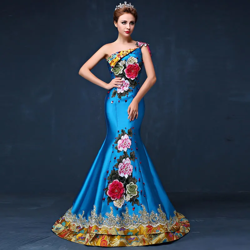Blue Long Mermaid Evening Dress Embroidery Bride Wedding Cheongsam Chinese Party Dresses Robe Chinoise Trailing Princess | Тематическая