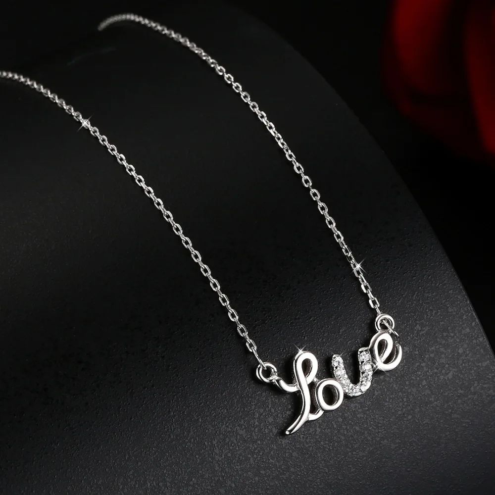 Authentic 925 Sterling Silver Necklace For Women Love Word Zircon Necklaces &amp Pendants Jewelry Charms Jewellery Choker Gift M192 |