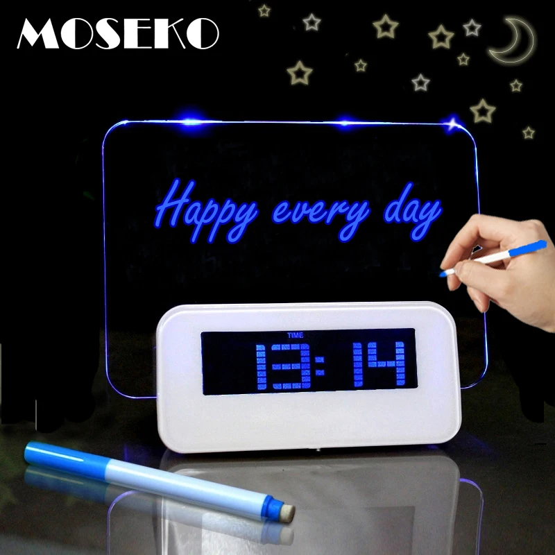 MOSEKO флуоресцентная доска для сообщений цифровой светодиодный Будильник Календарь ночной Светильник модем Будильник Подсветка настольные часы с USB кабелем