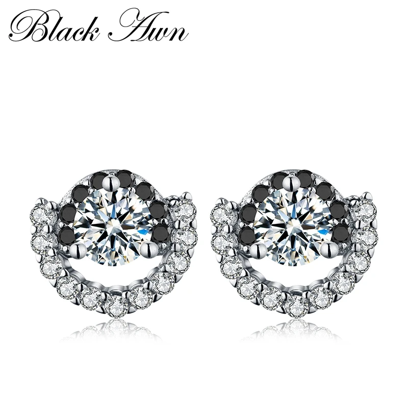 Женские серьги гвоздики из серебра 100% пробы с черно белым камнем|stud earrings|earrings