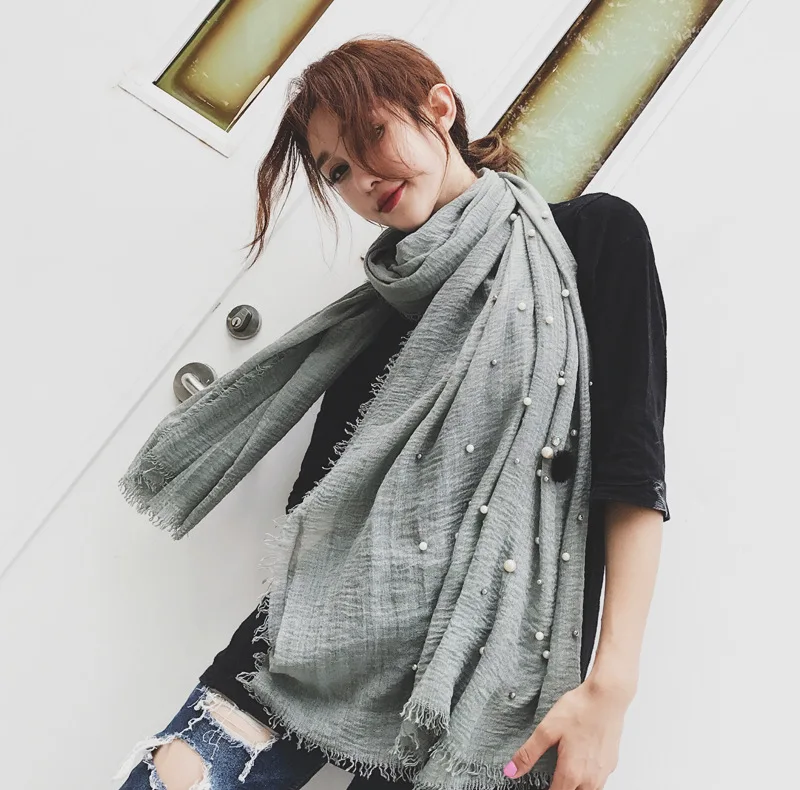 VOHIO 2017 Новый женский зимний длинный шарф с жемчужинами и заклепками модный серый