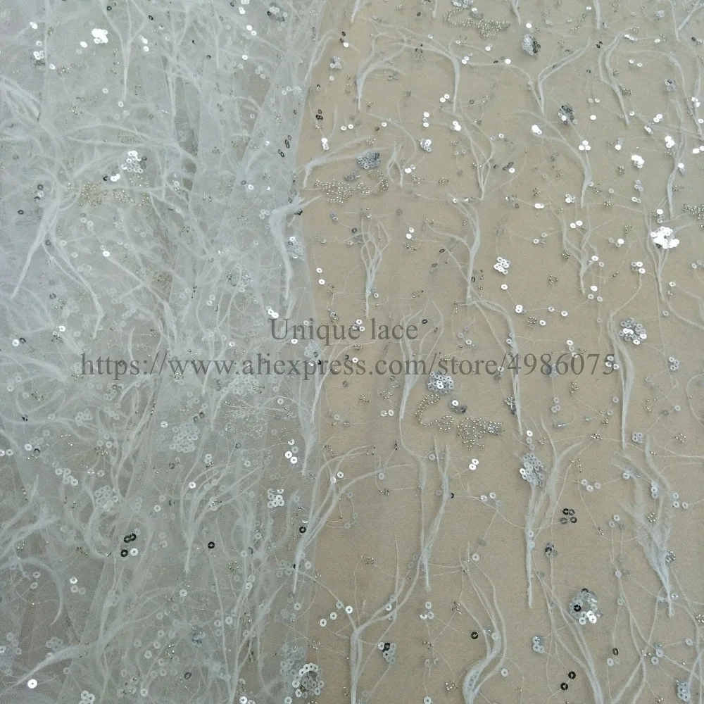 Embroidery wedding look lace feather bridal fabric 130cm width dress with beading ivory color worldwide shipping | Дом и сад